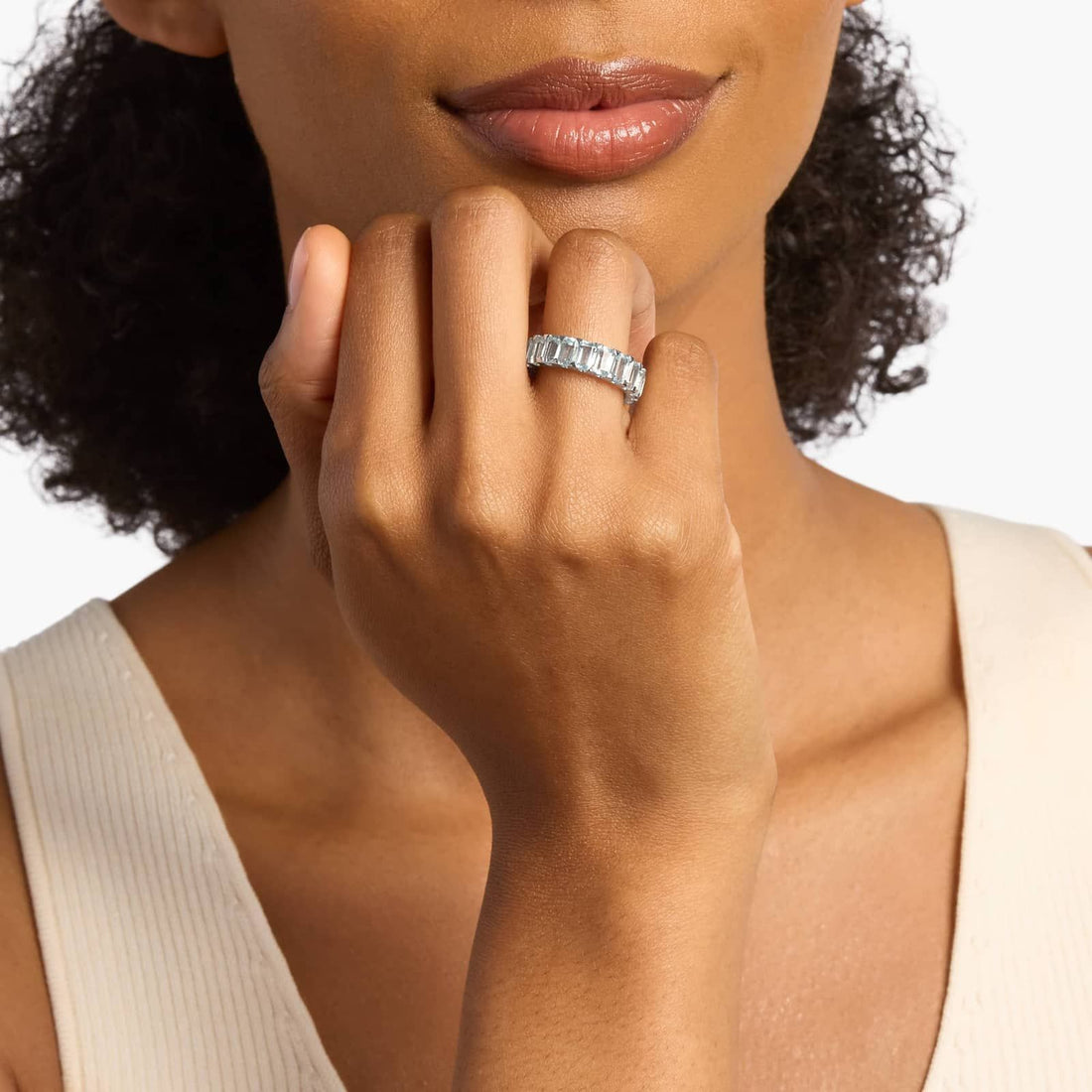 Aqua Bliss Emerald-Cut Blue Topaz Eternity Band Silver Ring