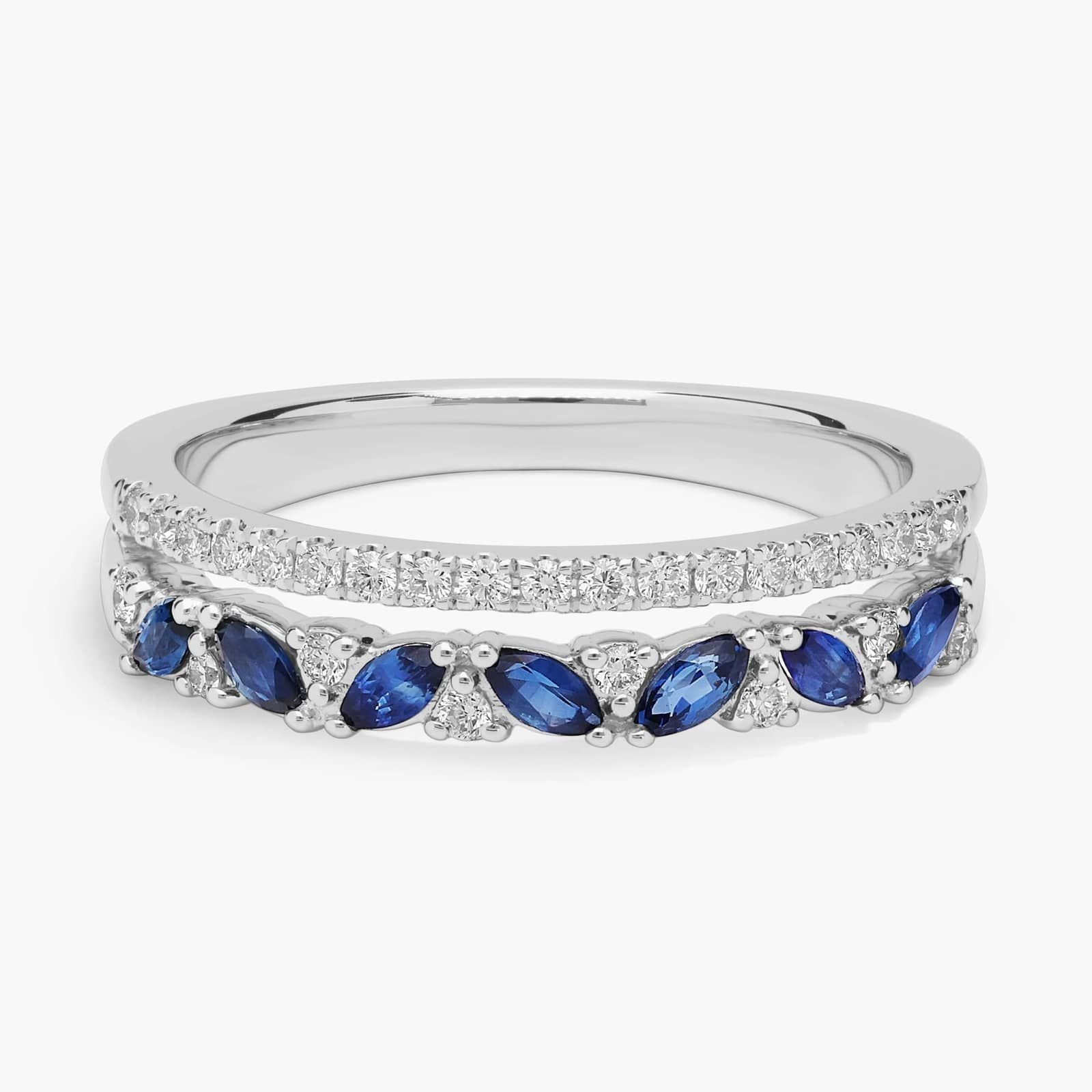 Two Row Diagonal Blue Sapphire Marquise And Pave Diamond Band in White Gold