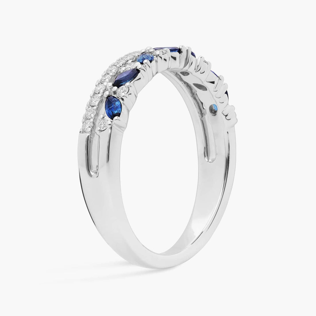 Two Row Diagonal Blue Sapphire Marquise And Pave Diamond Band in White Gold