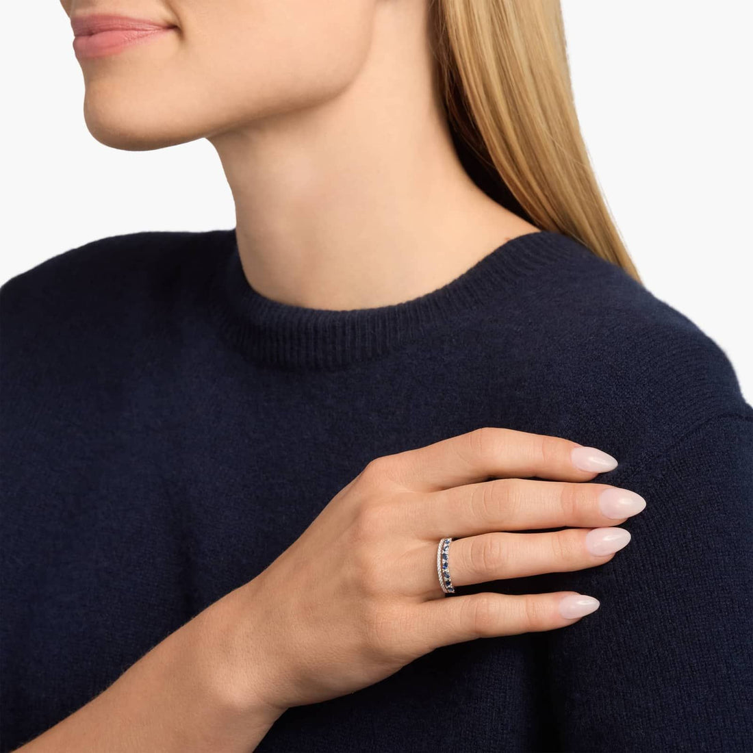 Two Row Diagonal Blue Sapphire Marquise And Pave Diamond Band in White Gold