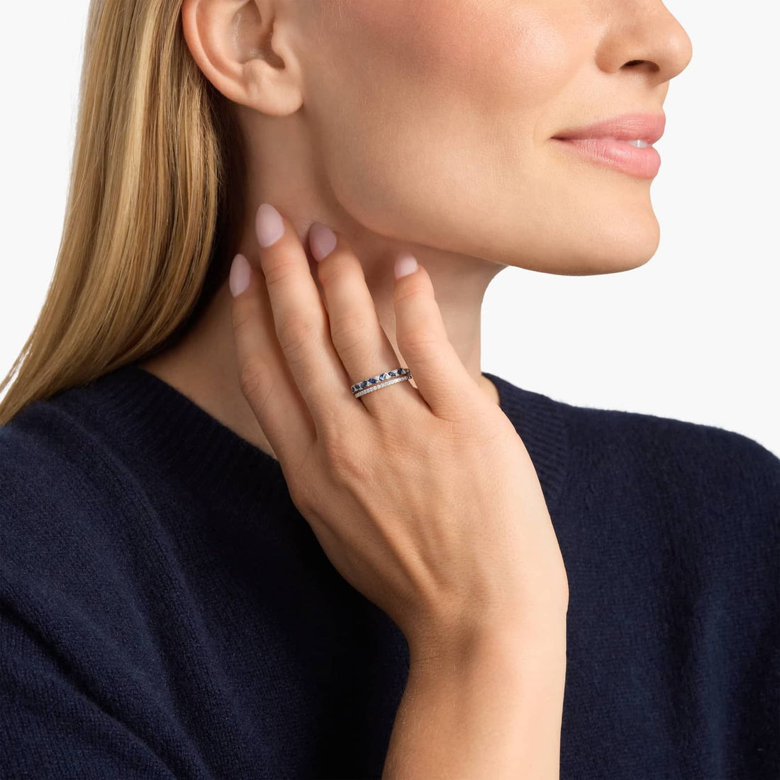 Two Row Diagonal Blue Sapphire Marquise And Pave Diamond Band in White Gold