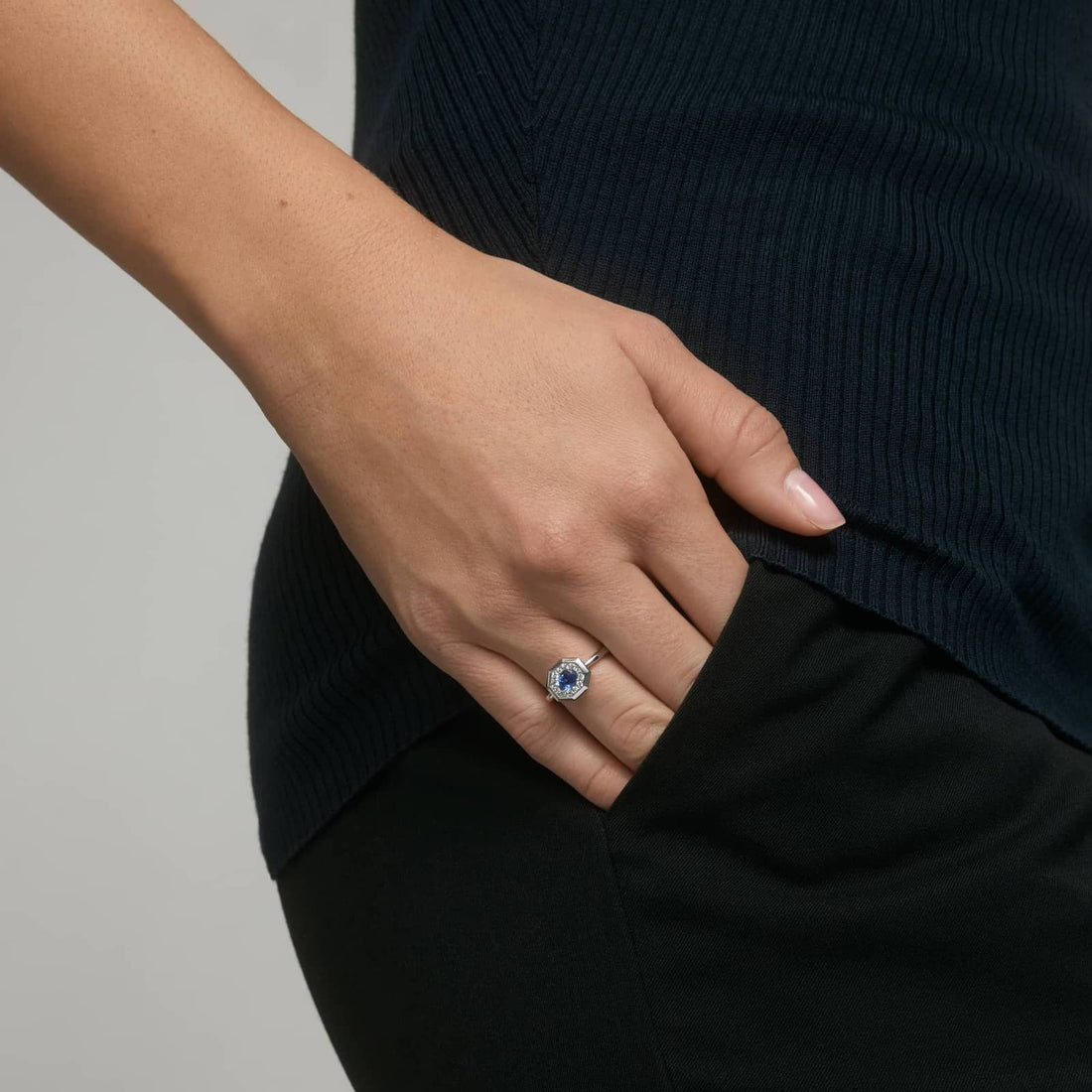East-West Oval Cut Blue Sapphire and Pave Diamond Ring In White Gold / Yellow Gold