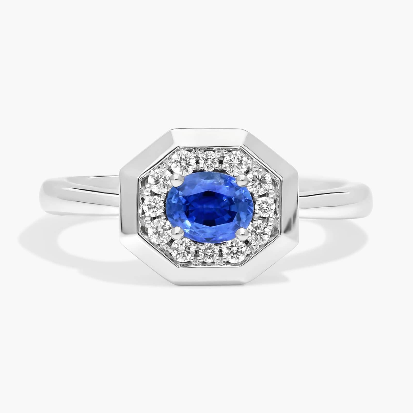 East-West Oval Cut Blue Sapphire and Pave Diamond Ring In White Gold / Yellow Gold