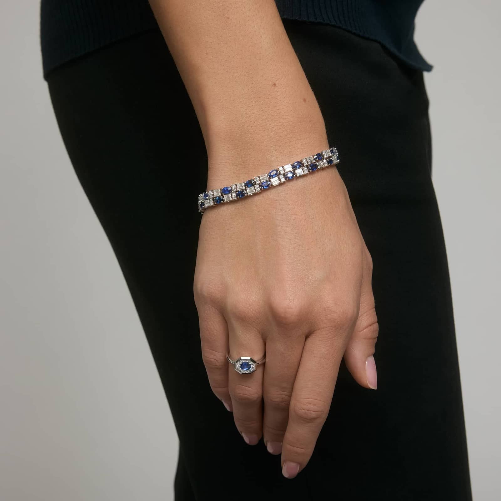 East-West Oval Cut Blue Sapphire and Pave Diamond Ring In White Gold / Yellow Gold