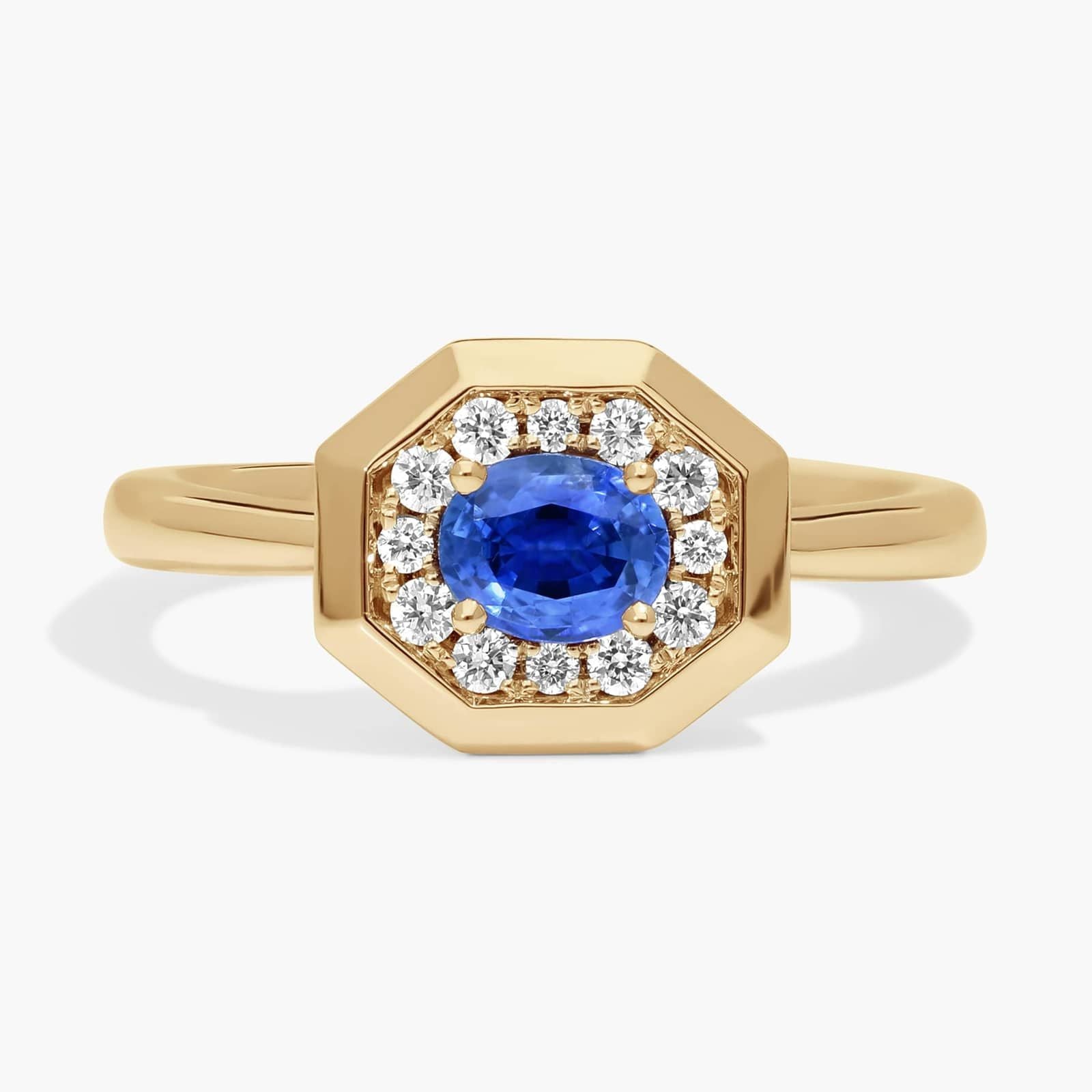 East-West Oval Cut Blue Sapphire and Pave Diamond Ring In White Gold / Yellow Gold