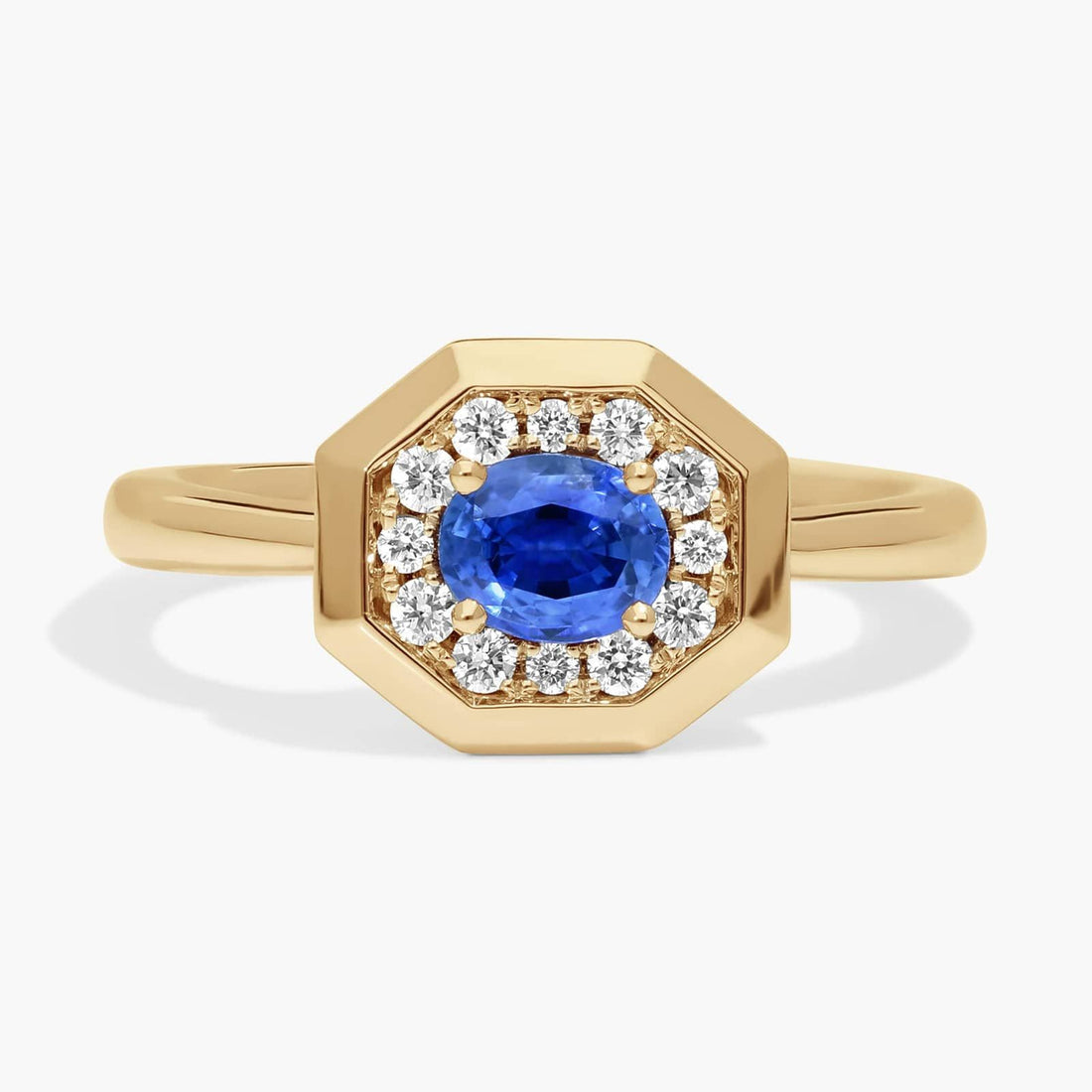 East-West Oval Cut Blue Sapphire and Pave Diamond Ring In White Gold / Yellow Gold