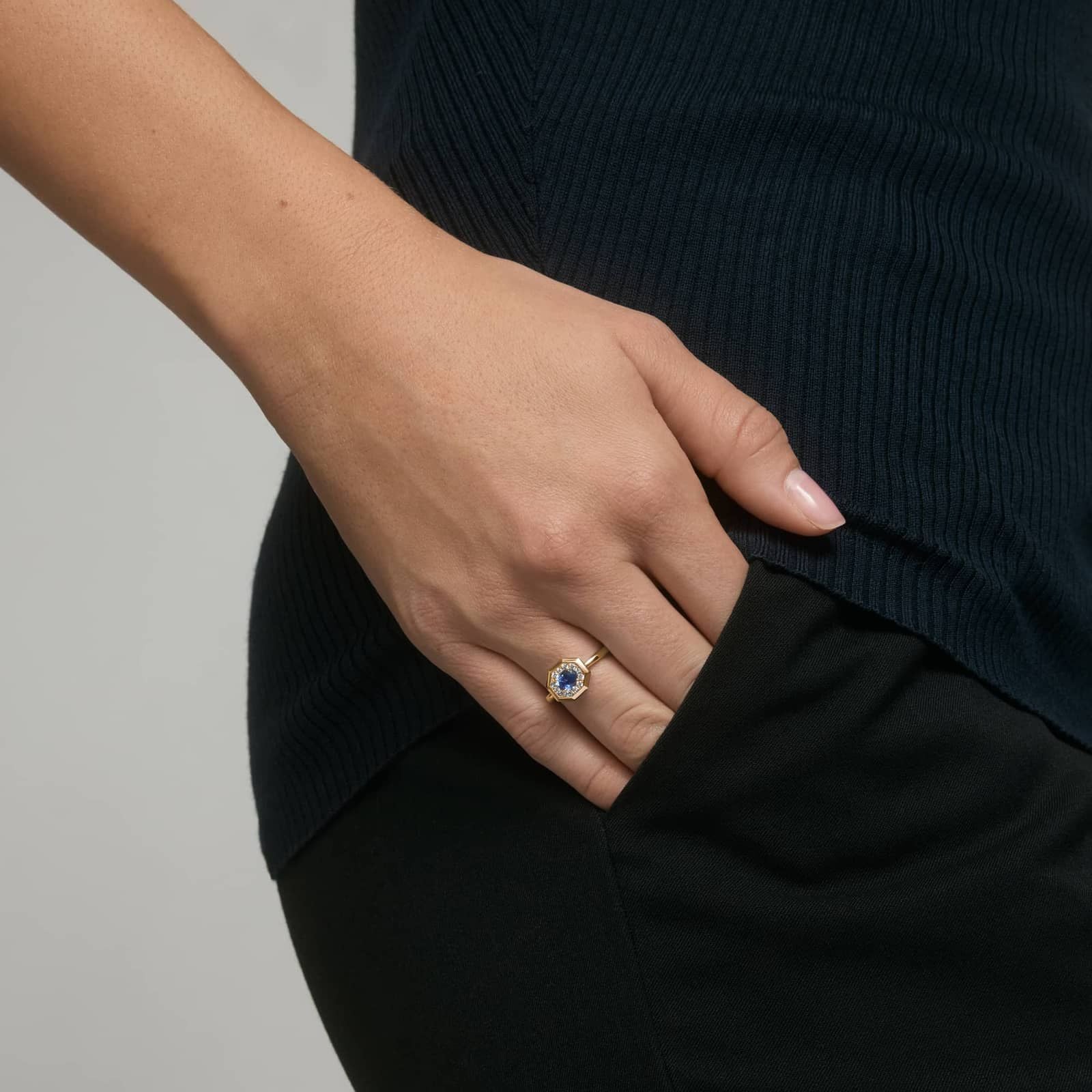 East-West Oval Cut Blue Sapphire and Pave Diamond Ring In White Gold / Yellow Gold