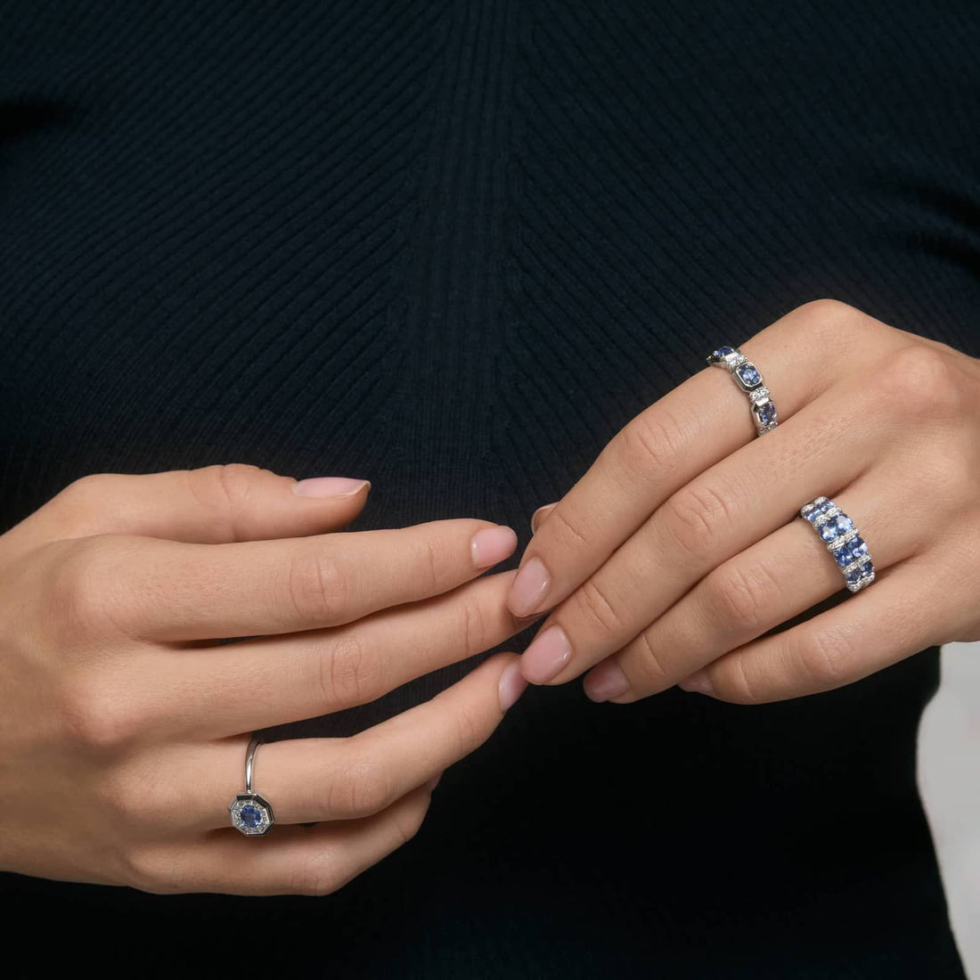 East-West Double Row Oval Cut Blue Sapphire and Pave Diamond Ring In White Gold / Yellow Gold