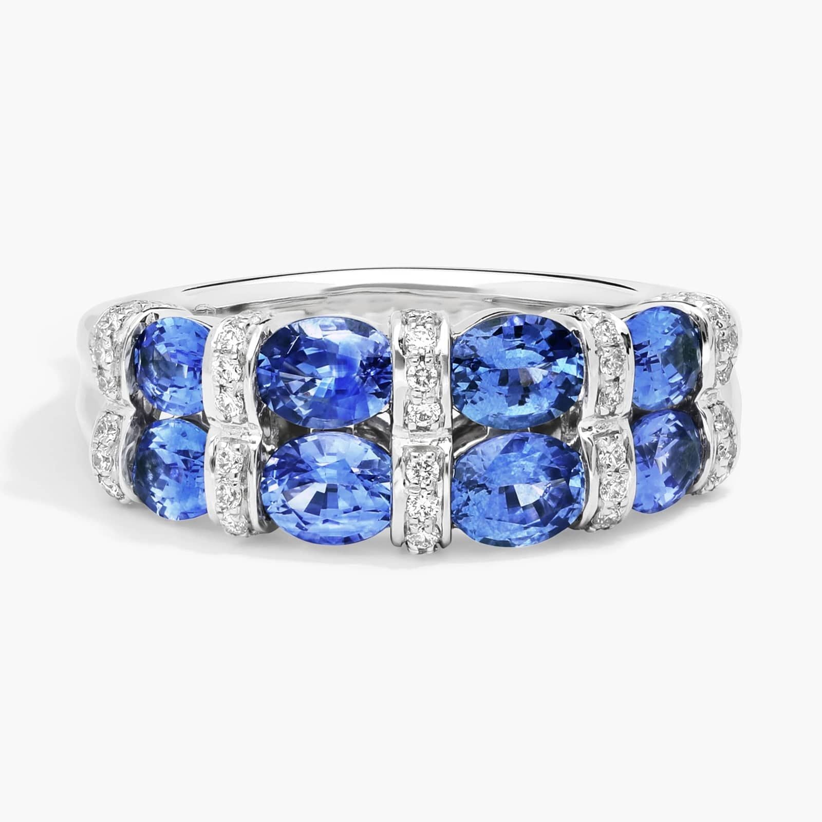 East-West Double Row Oval Cut Blue Sapphire and Pave Diamond Ring In White Gold / Yellow Gold
