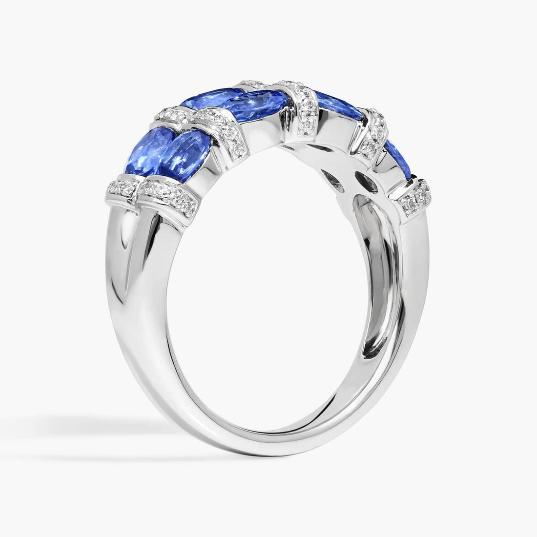 East-West Double Row Oval Cut Blue Sapphire and Pave Diamond Ring In White Gold / Yellow Gold