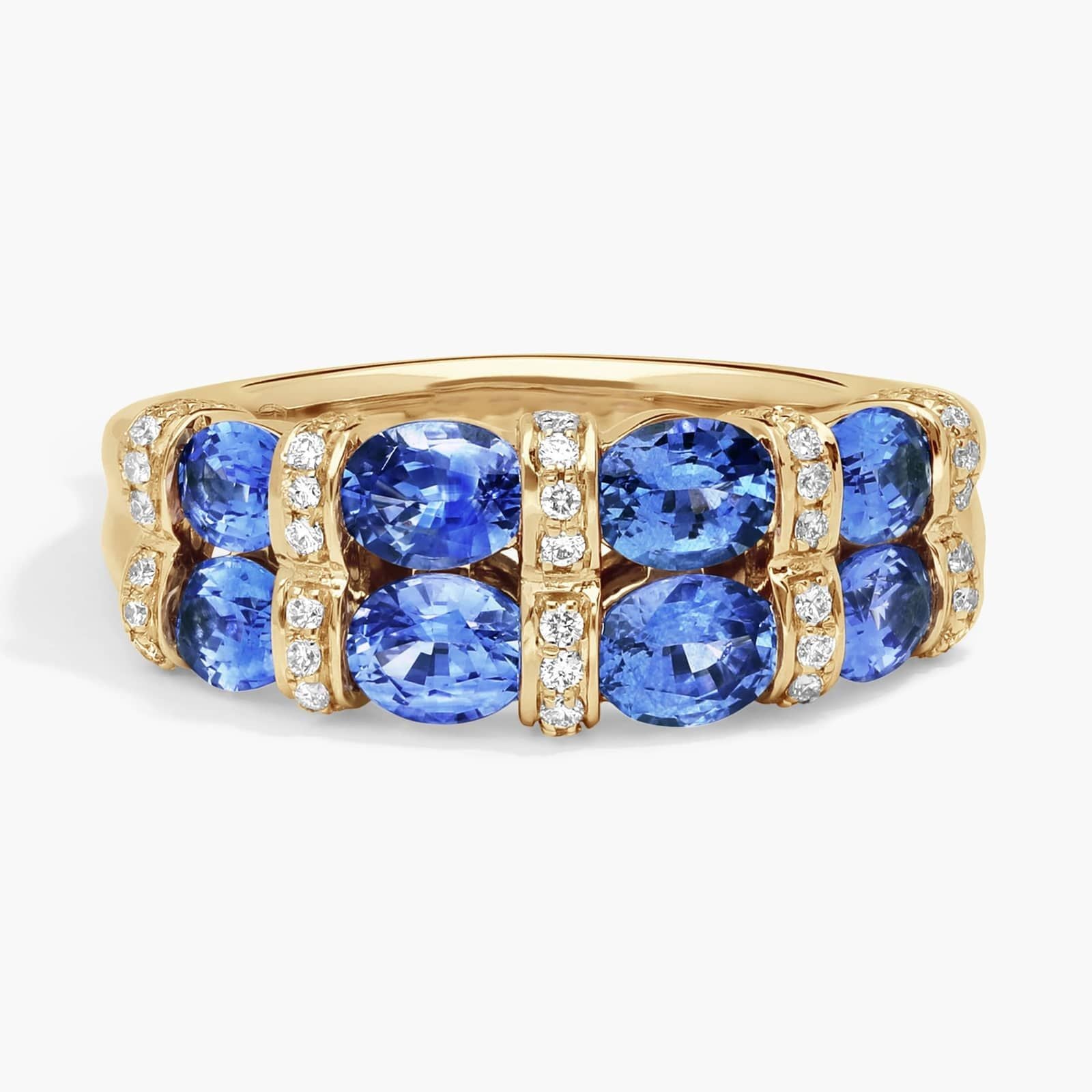 East-West Double Row Oval Cut Blue Sapphire and Pave Diamond Ring In White Gold / Yellow Gold