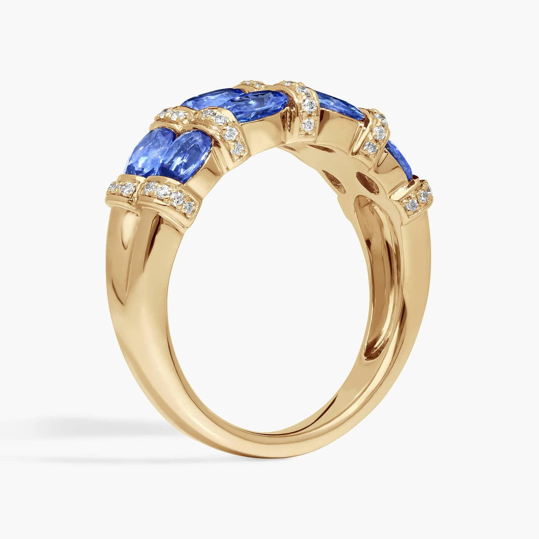 East-West Double Row Oval Cut Blue Sapphire and Pave Diamond Ring In White Gold / Yellow Gold