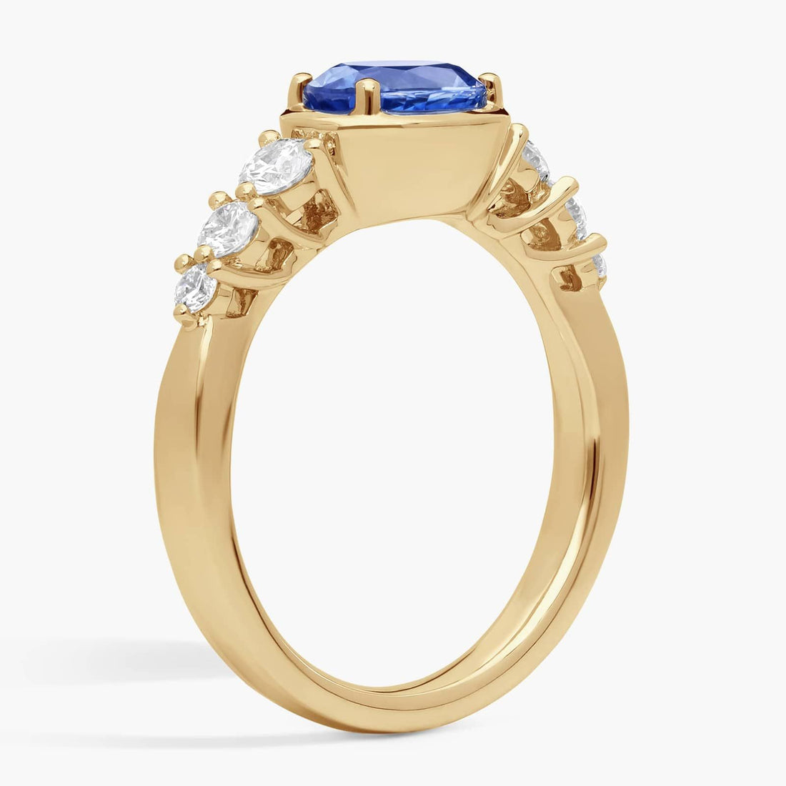 East-West Oval Cut Sapphire Ring With Half Bezel and Diamond Accent In White Gold / Yellow Gold