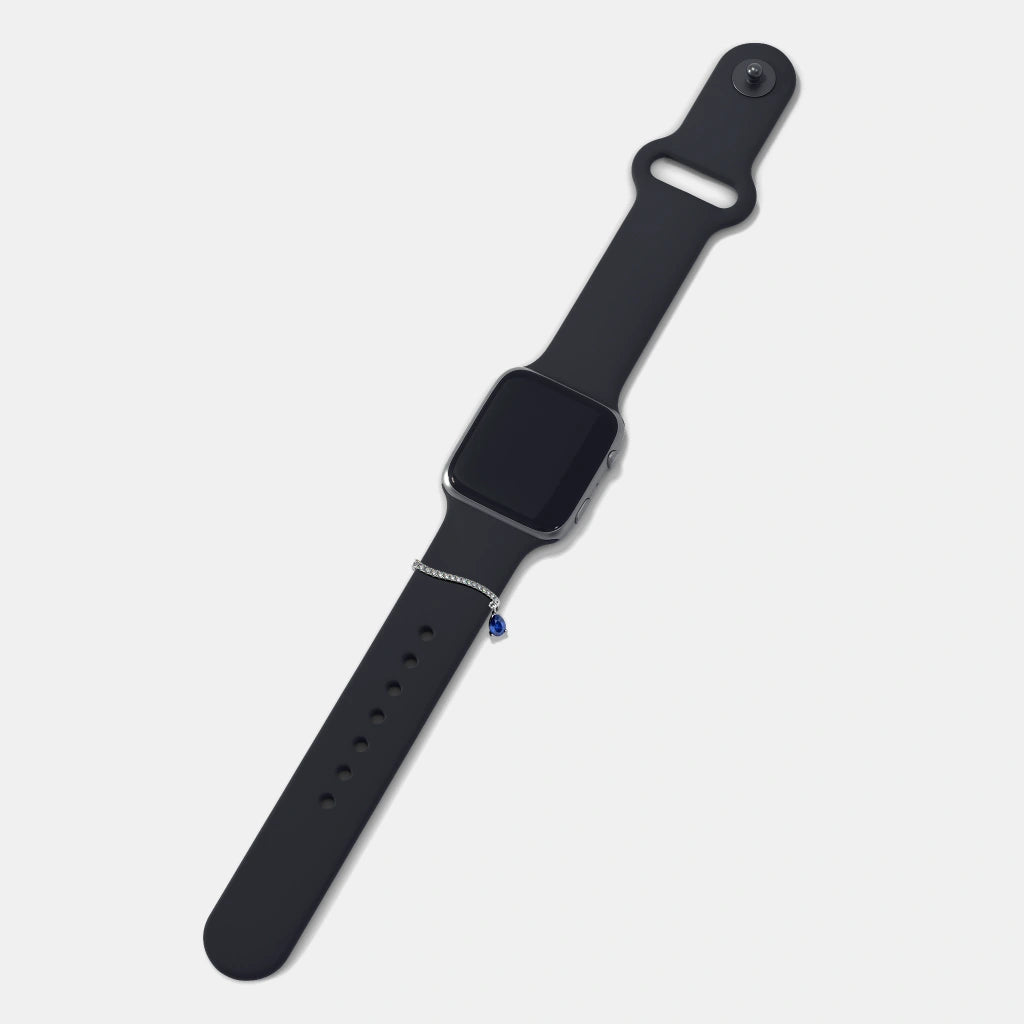 Diamond Pavé Bar & Blue Sapphire Drop Watch Charm — 18K White Gold