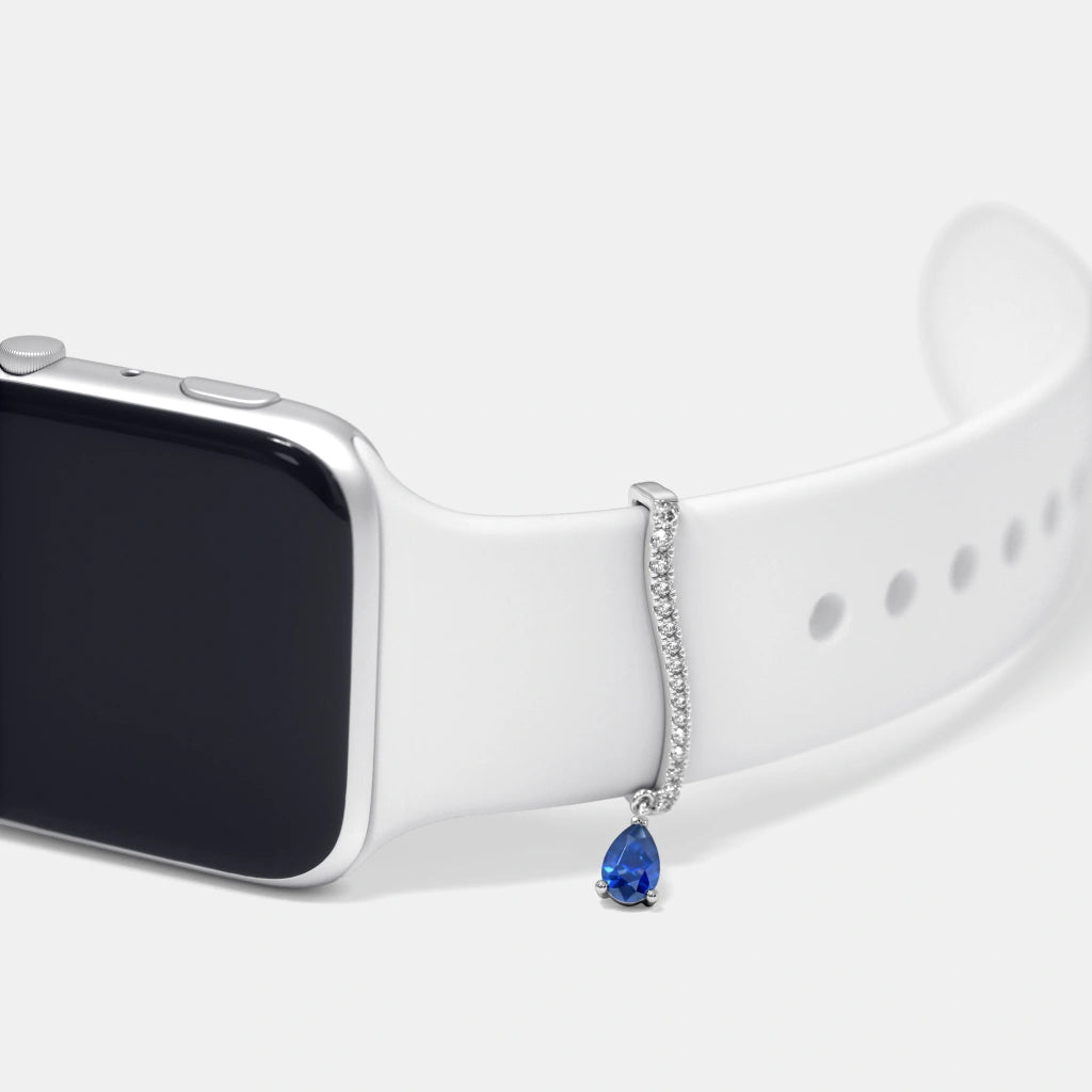 Diamond Pavé Bar & Blue Sapphire Drop Watch Charm — 18K White Gold