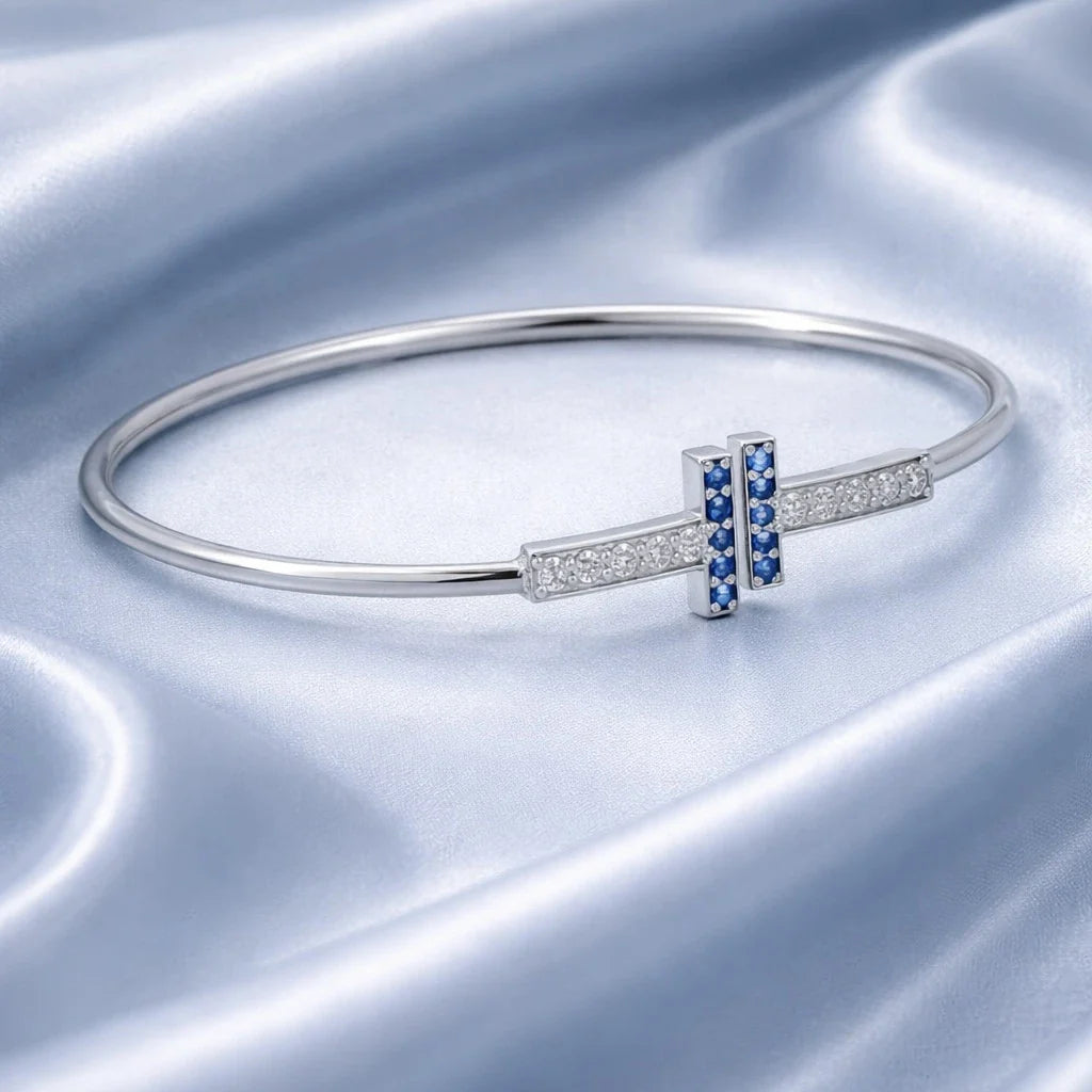 Blue Sapphire & Diamond T-Bar Open Cuff Bracelet Made With Pure 925 Silver