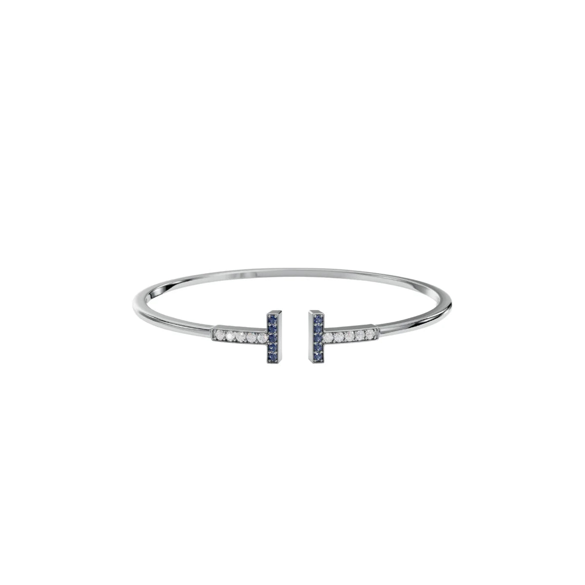 Blue Sapphire & Diamond T-Bar Open Cuff Bracelet Made With Pure 925 Silver