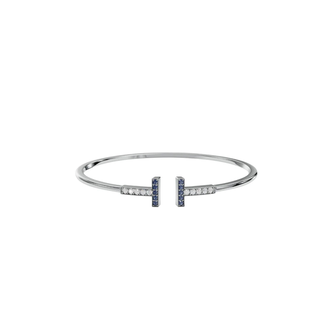 Blue Sapphire & Diamond T-Bar Open Cuff Bracelet Made With Pure 925 Silver