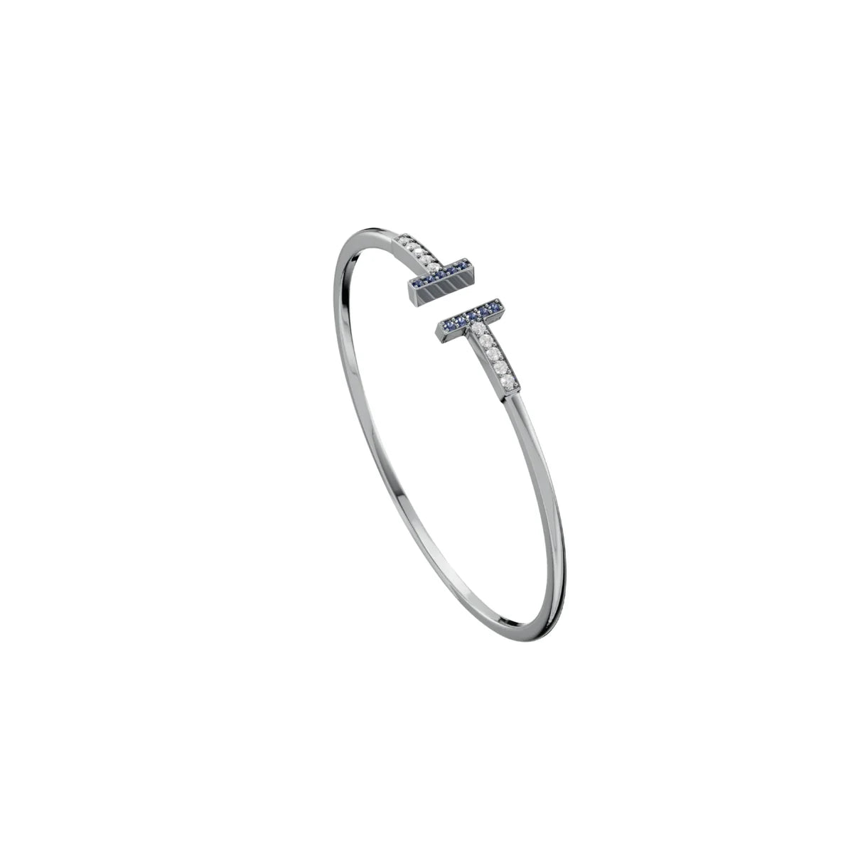 Blue Sapphire & Diamond T-Bar Open Cuff Bracelet Made With Pure 925 Silver