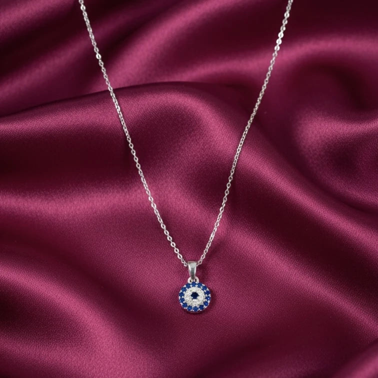 Blue Sapphire Evil Eye Halo Pendant Necklace in Made With Pure 925 Silver