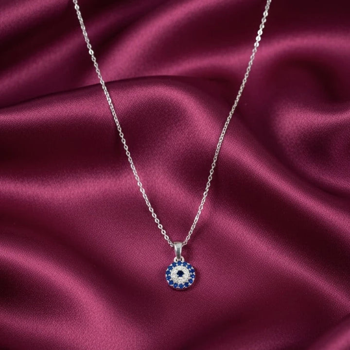 Blue Sapphire Evil Eye Halo Pendant Necklace in Made With Pure 925 Silver