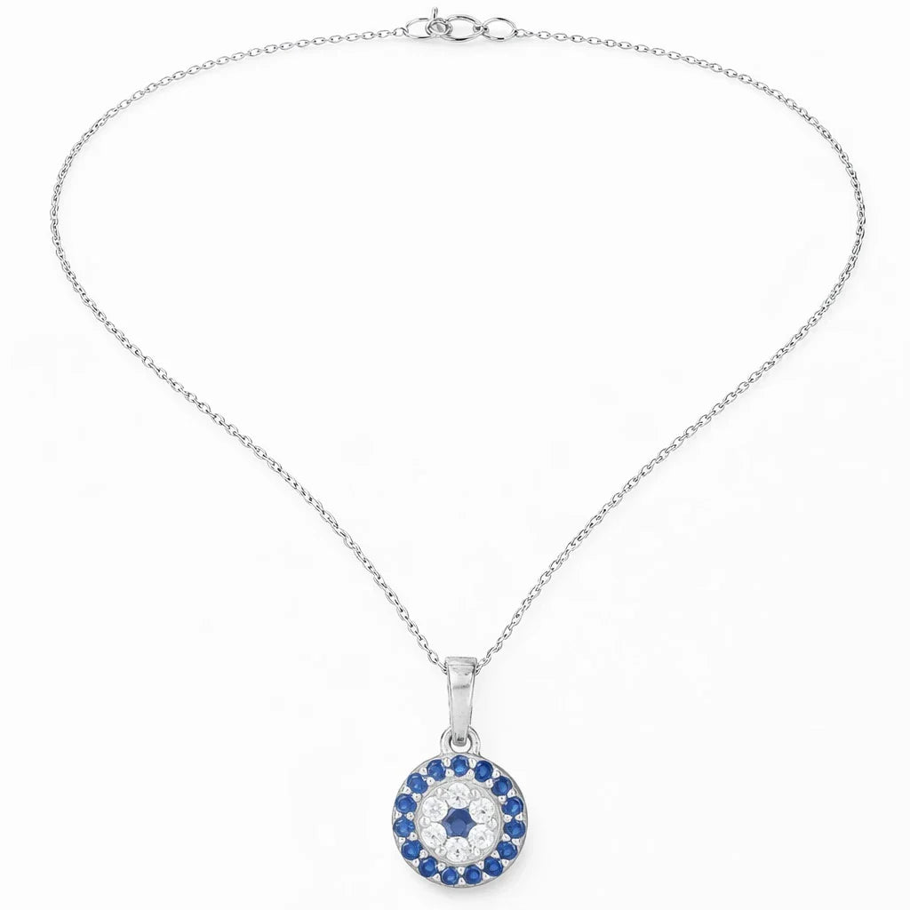 Blue Sapphire Evil Eye Halo Pendant Necklace in Made With Pure 925 Silver