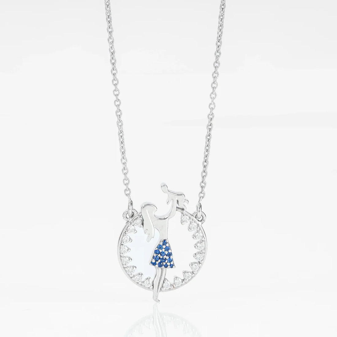 Dancing Girl Blue Sapphire Circle Pendant Necklace in Sterling Silver