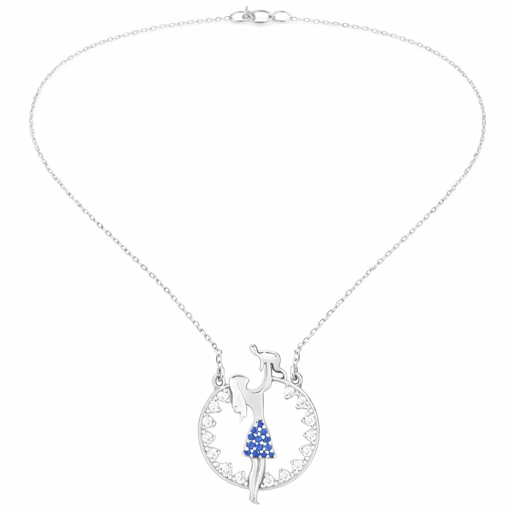 Dancing Girl Blue Sapphire Circle Pendant Necklace in Sterling Silver