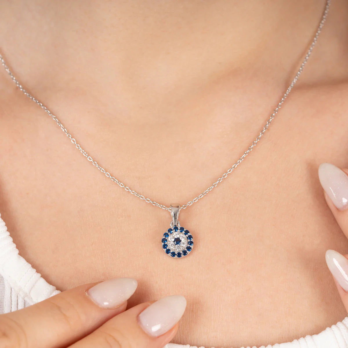 Blue Sapphire Evil Eye Halo Pendant Necklace in Made With Pure 925 Silver