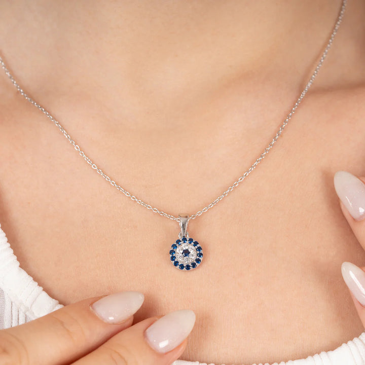Blue Sapphire Evil Eye Halo Pendant Necklace in Made With Pure 925 Silver