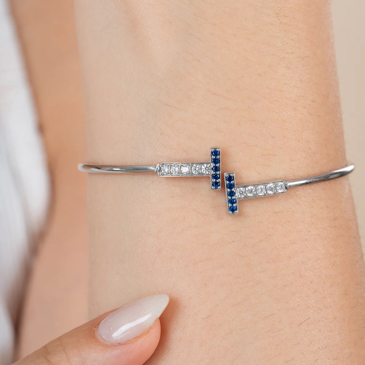 Blue Sapphire & Diamond T-Bar Open Cuff Bracelet Made With Pure 925 Silver