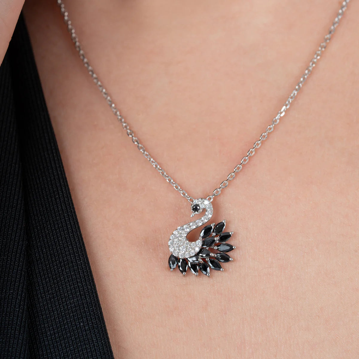 Black Swan Diamond Pendant Necklace in Made With Pure 925 Silver