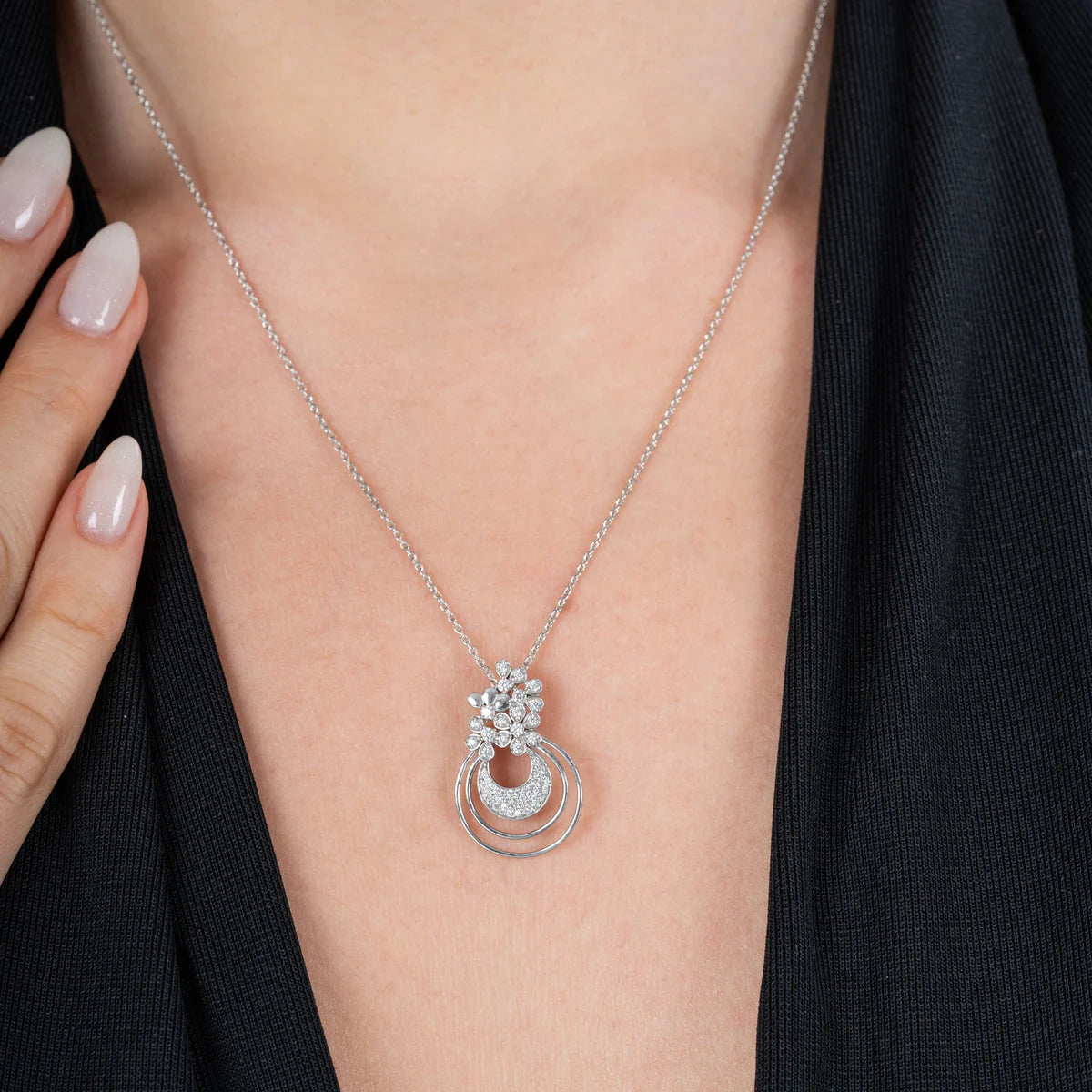 Floral Halo Drop Pendant Necklace with Cubic Zirconia Accents Made With Pure 925 Silver