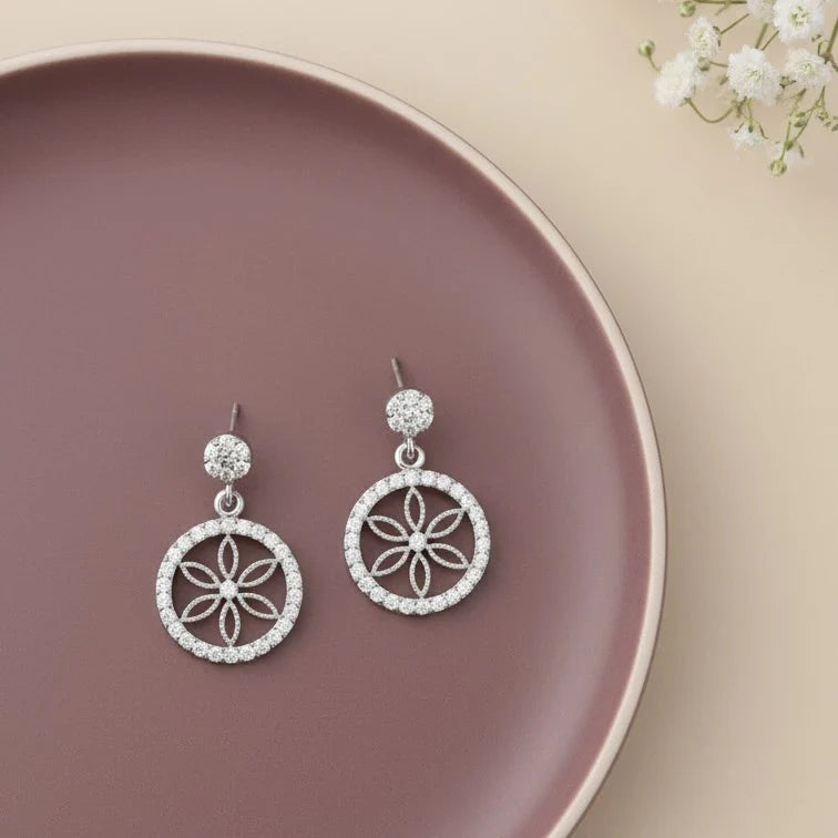 Diamond Pavé Flower of Life Dangle Earrings in Made With Pure 925 Silver