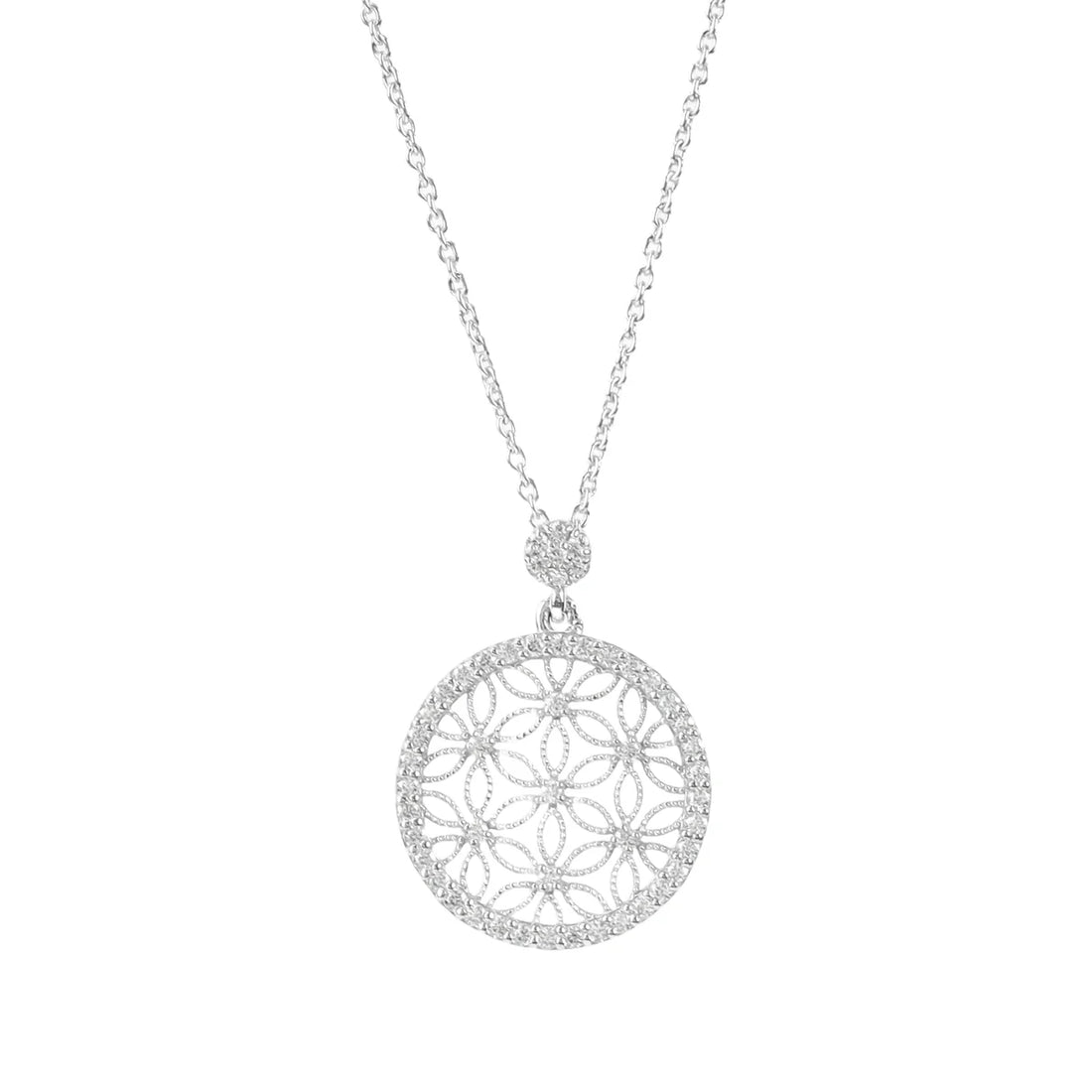 Flower of Life CZ Diamond Circle Pendant Necklace Made With Pure 925 Silver