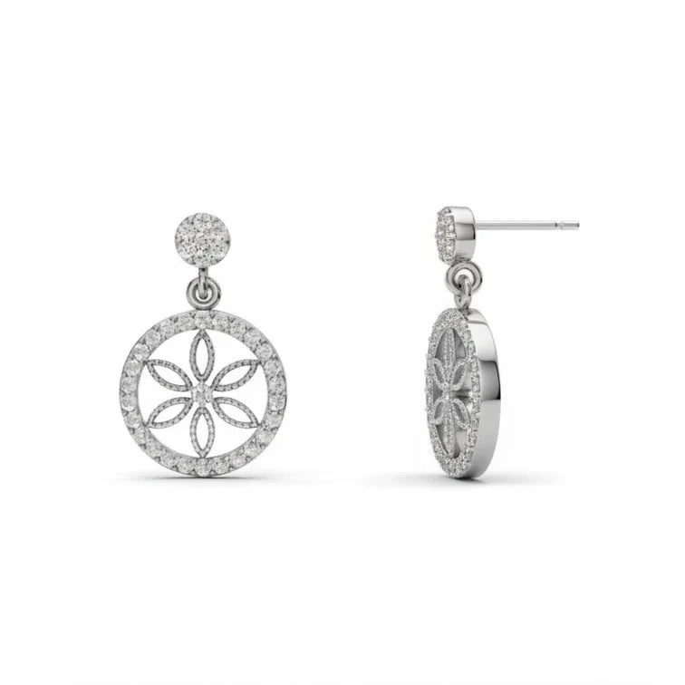 Diamond Pavé Flower of Life Dangle Earrings in Made With Pure 925 Silver