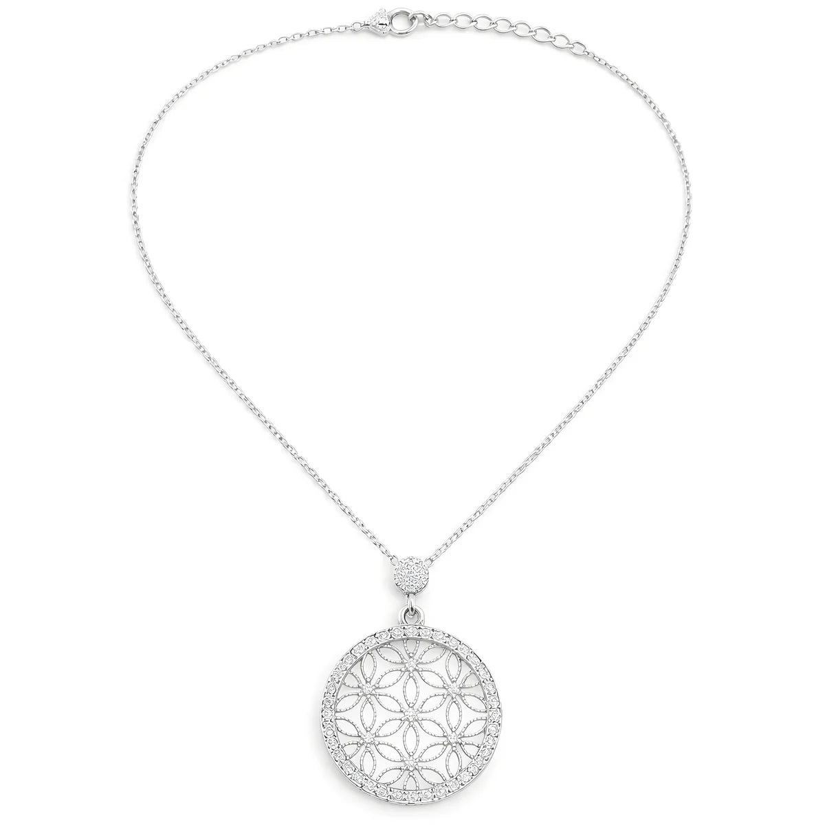 Flower of Life CZ Diamond Circle Pendant Necklace Made With Pure 925 Silver