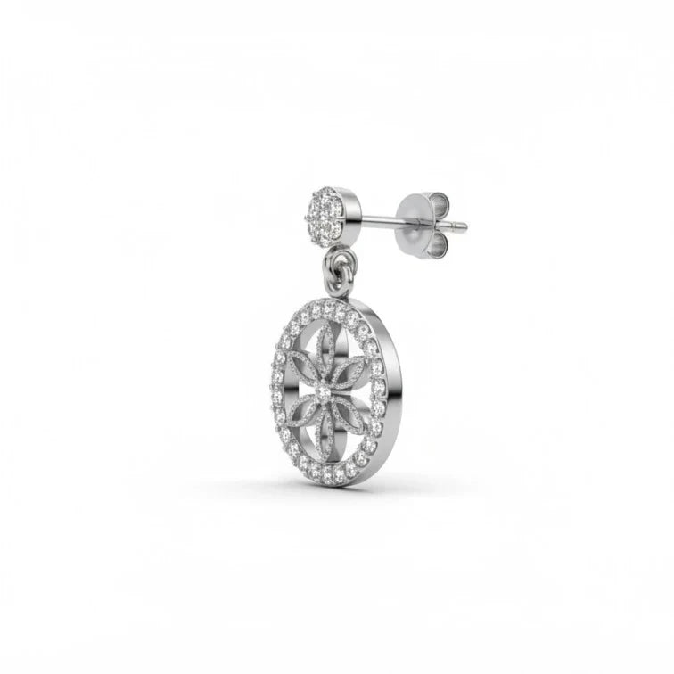 Diamond Pavé Flower of Life Dangle Earrings in Made With Pure 925 Silver