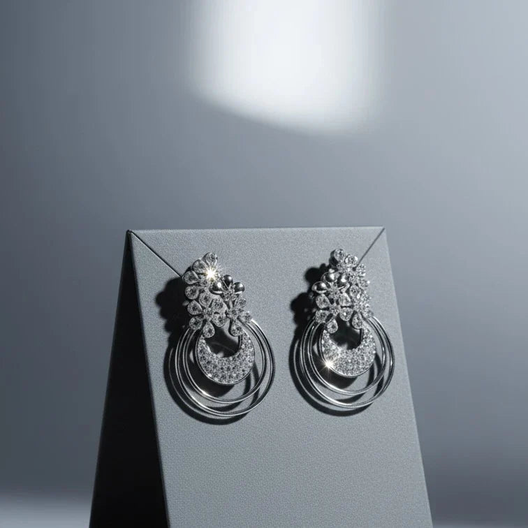 Floral Halo Drop Earrings with Cubic Zirconia Accents Made With Pure 925 Silver