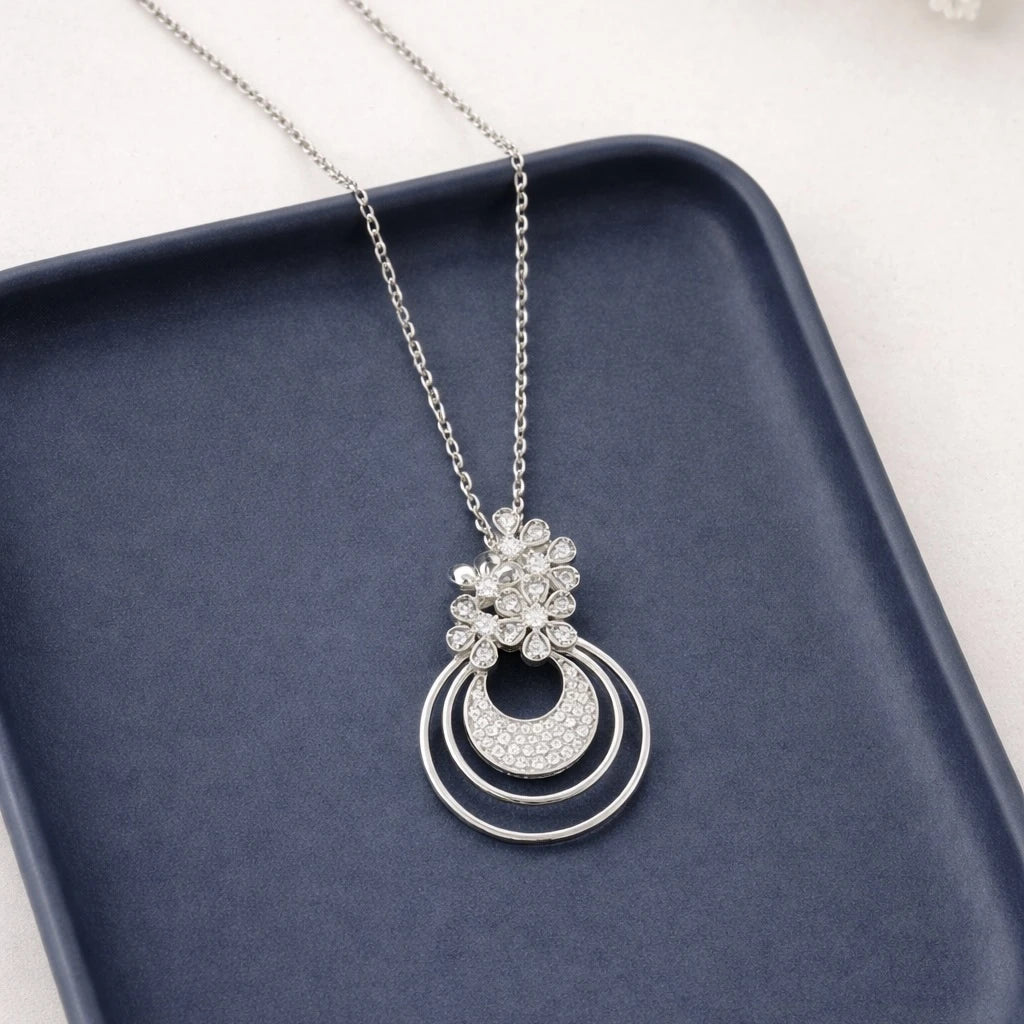 Floral Halo Drop Pendant Necklace with Cubic Zirconia Accents Made With Pure 925 Silver