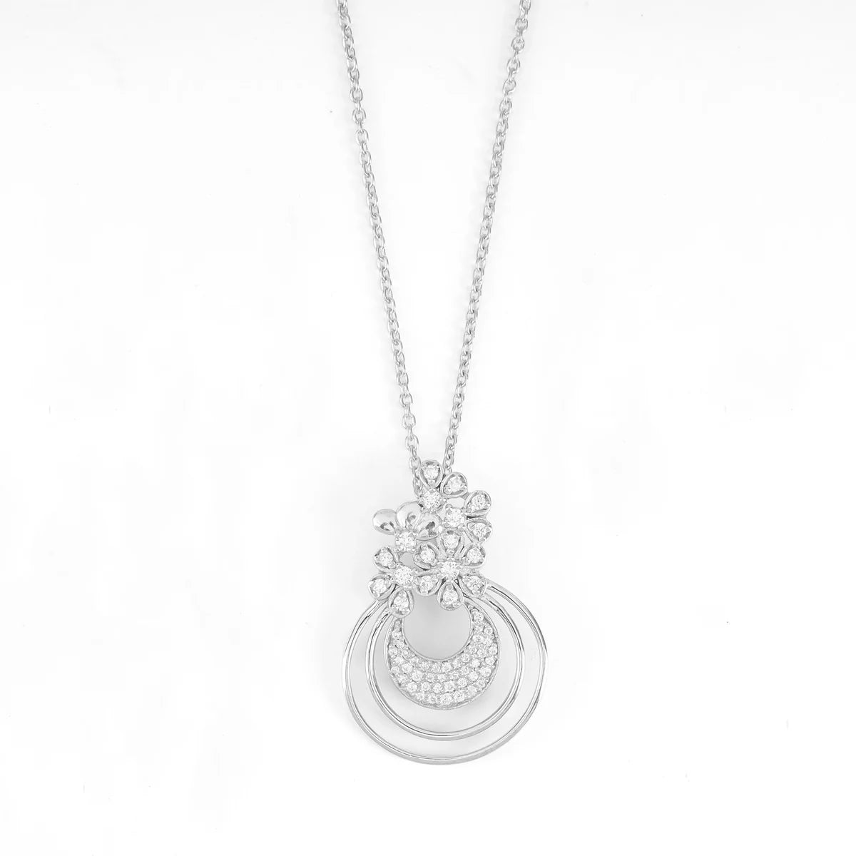 Floral Halo Drop Pendant Necklace with Cubic Zirconia Accents Made With Pure 925 Silver