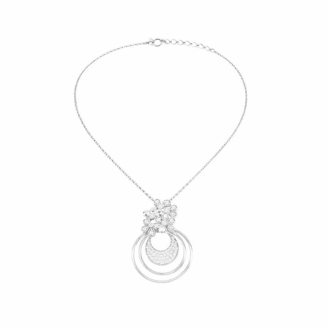 Floral Halo Drop Pendant Necklace with Cubic Zirconia Accents Made With Pure 925 Silver
