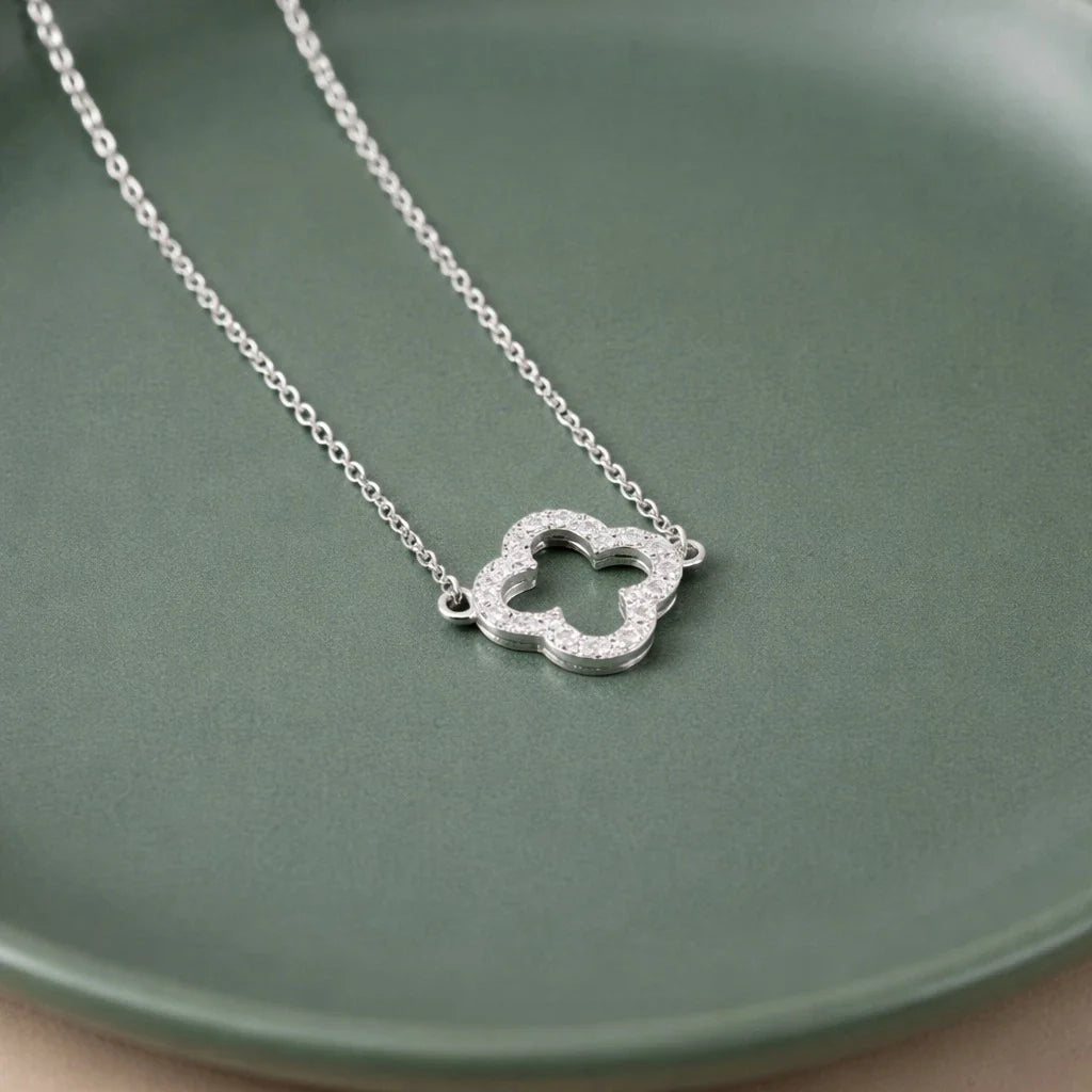 Enchanted Clover Diamond Halo Necklace Made With Pure 925 Silver