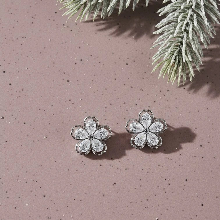Enchanted Blossom Diamond Flower Stud Earrings Made With Pure 925 Silver