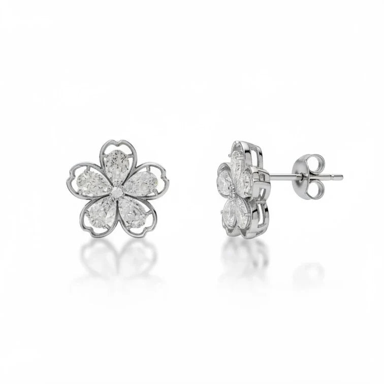 Enchanted Blossom Diamond Flower Stud Earrings Made With Pure 925 Silver