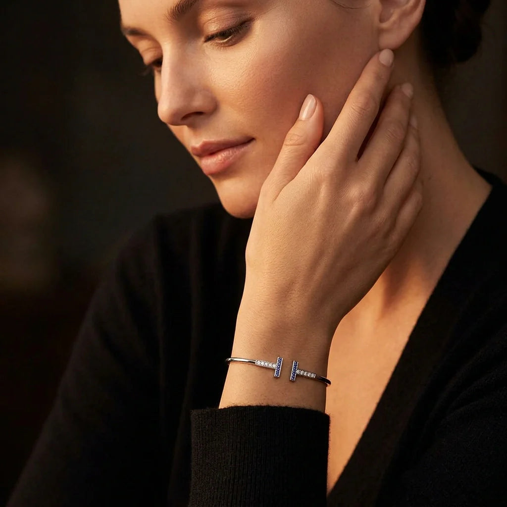 Blue Sapphire & Diamond T-Bar Open Cuff Bracelet Made With Pure 925 Silver