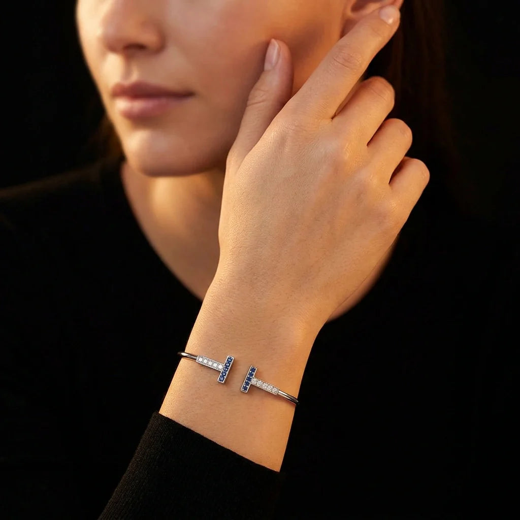 Blue Sapphire & Diamond T-Bar Open Cuff Bracelet Made With Pure 925 Silver